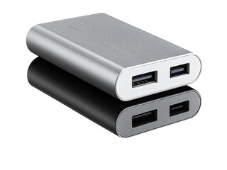 Silver portable power bank with dual usb ports for charging modern devices.