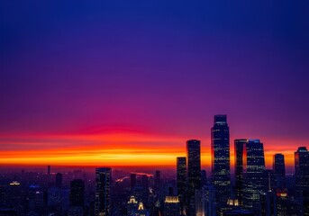 Obraz premium Dramatic purple and orange twilight sky illuminating modern, towering glass and steel architecture in a dense metropolitan area under the blue hour, dawn, blue hour, business