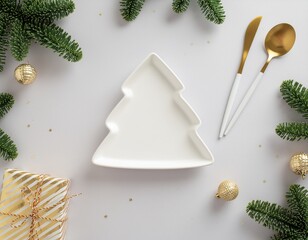 A cozy festive table arranged with a Christmas tree–shaped plate, golden utensils, fresh pine sprigs, a striped present box, and sparkling gold decorations ready for the holiday season.
