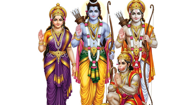 Divine Ram Darbar Depicting Lord Rama Seeta Lakshmana And Hanuman Standing Together In Royal Attire Blessing Devotees With Grace Against White Background Traditional Indian Religious Art
