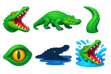 Fototapeta premium Series of green crocodile images, including one with a mouth open