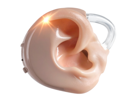 Modern hearing aid device on anatomical ear model closeup