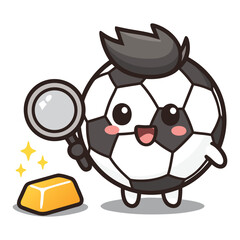 Naklejka premium Cheerful soccer character discovering shiny treasure with curious joyful excitement