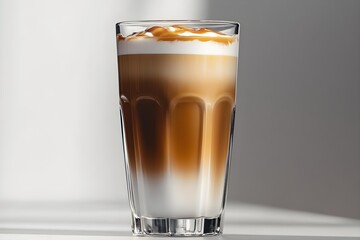 Tall glass caramel macchiato with whipped cream and drizzle