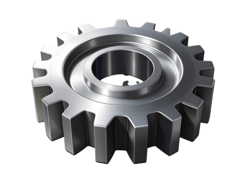 Shiny metallic gear component isolated, representing engineering