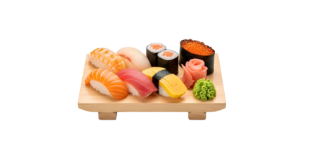 Fresh sushi and sashimi assortment on a small light wooden tray with wasabi and ginger, perfect for authentic Japanese cuisine and restaurant menu visuals.
