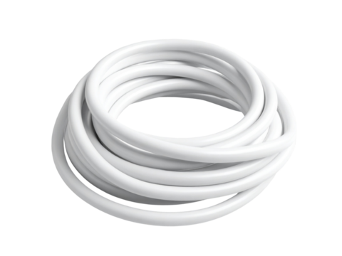 Neatly coiled white plastic hose or cable on an isolated background