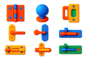Set of colorful knobs and handles, including a blue ball, orange and green