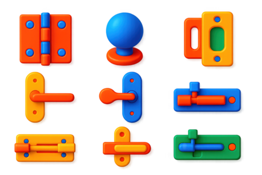 Set of colorful knobs and handles, including a blue ball, orange and green