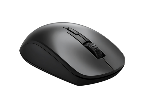Modern black wireless computer mouse peripheral on clear background.