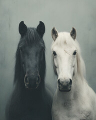 Two beautiful horses standing side by side in a neutral setting