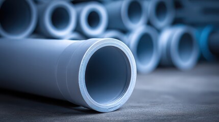 Close-up of grey pvc plumbing pipe for industrial storage and construction projects
