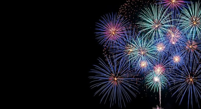 Vibrant colorful fireworks exploding in a spectacular display against a dark night sky with copy space on the left