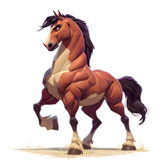 Realistic brown horse standing in a grassy field during a sunny day, showcasing its muscular build and flowing mane