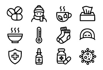 Cold & Flu Season line icons &mdash; sickness, remedies, and self-care symbols for winter illness &mdash; stock vector.