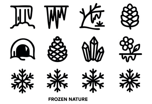 Winter Nature Elements line icons — frozen waterfall, icicles, snowflakes, and other cold weather flora and formations — stock vector.