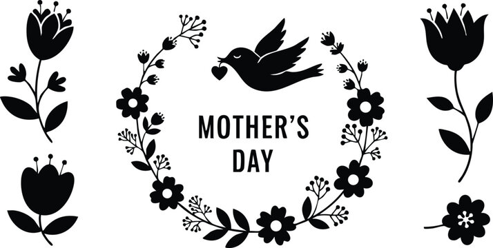 Flat black floral wreath vector with flying bird holding heart around mothers day lettering and separate tulip silhouettes on white background for holiday greeting design