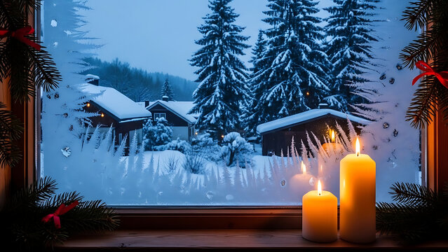 Cozy frosted window view of a serene snowy village, snow-covered houses, majestic fir trees, illuminated by warm flickering candles and festive pine decor