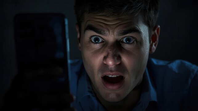 Man reacts to deepfake scam alert on phone dark room digital content emotional environment close-up viewpoint