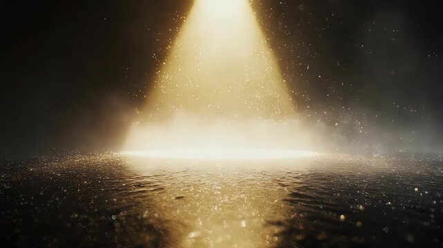 Ethereal golden light piercing dark mist onto a sparkling, reflective wet surface