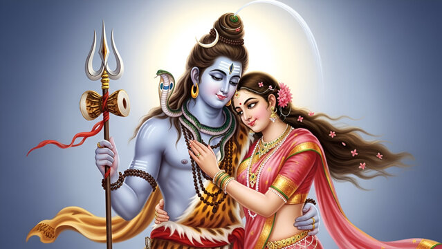 Mahadev Lord Shiva Parvati Embrace Love Affectionate Couple Divine Hindu Gods Together Traditional Clothing Mythology Romantic Background Bholenath Shankar Mahashivratri Festival
