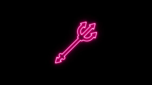 A neon pink trident glows brightly against a stark black background at night. Neon Icon. Neon Sign