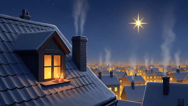Serene winter night over a snow-covered town. glowing windows, cozy candles on a rooftop, and a bright guiding star in the dark sky above create a peaceful festive scene.