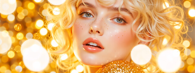 Festive beauty portrait of a woman with gold glitter makeup. Glamorous blonde model with curly hair against a golden bokeh background for a New Year party