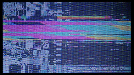 A colorful distorted VHS glitch screen with digital noise, pixelated textures, and horizontal...