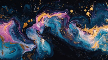 Obraz premium Abstract Fluid Art Background with Blue, Purple and Gold Marbling Patterns
