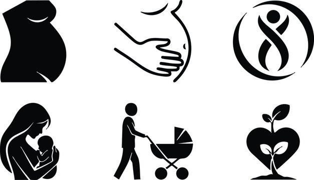Minimal vector icons of pregnancy belly profile hand on bump mother with baby father pushing stroller and heart seedling symbol for family care and parenting