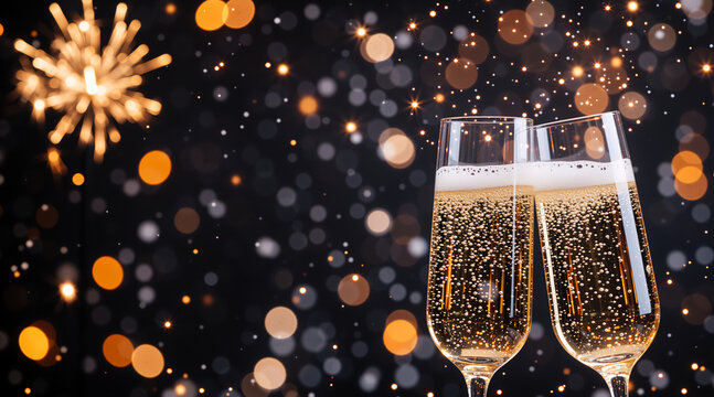 Two glasses of champagne toasting on new year's eve. Festive background with fireworks and golden bokeh lights. Holiday party and celebration concept