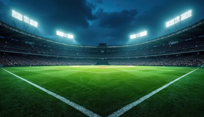 Fototapeta premium Vast empty baseball park stadium at night. Bright floodlights illuminate green grass field. Spectators fill stands watching game. Excitement builds for sporting event.