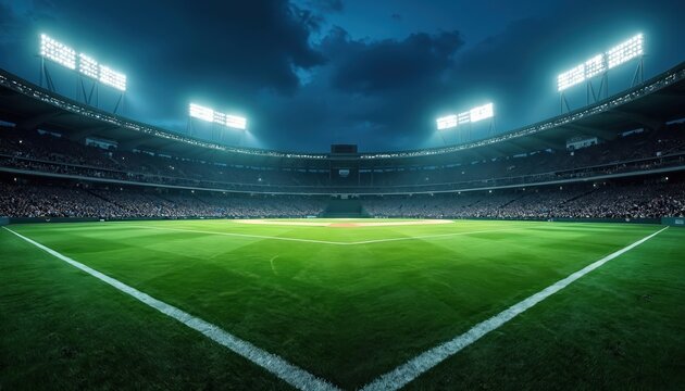 Vast empty baseball park stadium at night. Bright floodlights illuminate green grass field. Spectators fill stands watching game. Excitement builds for sporting event.
