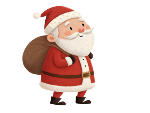 Cartoon Santa Claus Illustration – Red Suit, Gift Sack & Cheerful Expression for Christmas Decor