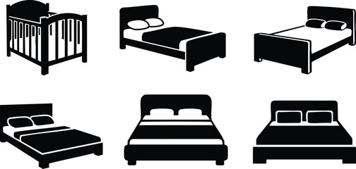 Flat design black silhouette set of baby crib and modern double beds viewed from side and front with pillows arranged in simple minimal style