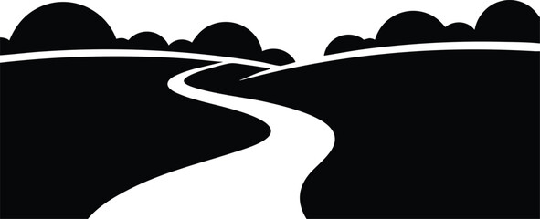 Naklejka premium Minimalist vector art with winding road curving through black hillside silhouette and rounded tree shapes in horizontal landscape composition with strong contrast and calm mood