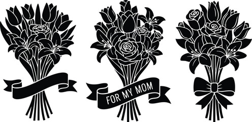Floral vector art trio of tulip and rose bouquets with ribbons and central for my mom banner in bold black silhouette style for mothers day cards