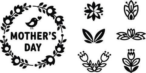 Flat design mothers day floral wreath with bird and heart surrounded text and nine black decorative flower icons arranged in grid on clean white background