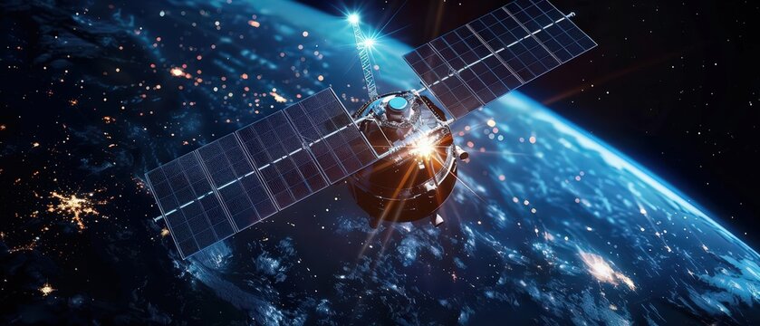 High-tech satellite orbiting Earth with illuminated solar panels and cosmic background, showing advanced space communication, global connection, and futuristic orbital technology.
