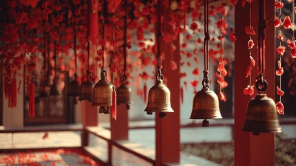 Golden temple bells hanging among red paper decorations