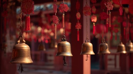 Golden temple bells hanging among red paper decorations