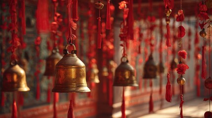 Obraz premium Golden temple bells hanging among red paper decorations