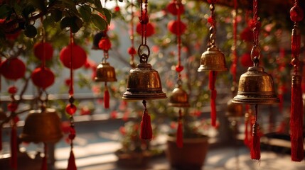 Golden temple bells hanging among red paper decorations
