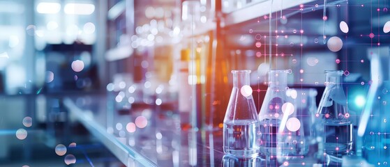 Futuristic laboratory scene with glass bottles, neon lighting and digital interface overlays, creating a modern scientific atmosphere with technology, research and innovation elements.