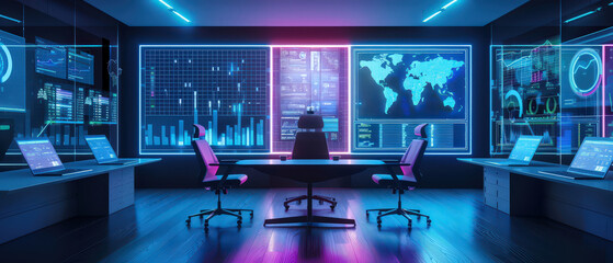 High-tech analytics control room with neon dashboards, world maps, charts and multiple workstations. Futuristic digital environment for data monitoring, research and visualization.