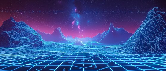 Futuristic neon blue wireframe landscape with glowing mountains, grid terrain and starry night sky. Digital sci-fi background suitable for technology, data and virtual world concepts.