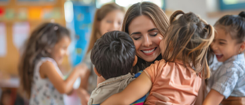 Group of joyful children hugging their teacher in a warm sunlit classroom, showing love, support, connection and positive emotions in an educational environment with natural light.