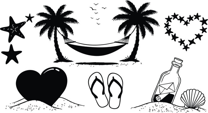 Monochrome vector art summer beach icons with hammock between palm trees starfish heart in sand message in bottle seashell and flip flops silhouette set - Powered by Adobe