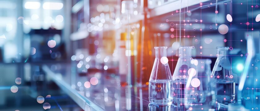 Futuristic laboratory scene with glass bottles, neon lighting and digital interface overlays, creating a modern scientific atmosphere with technology, research and innovation elements.